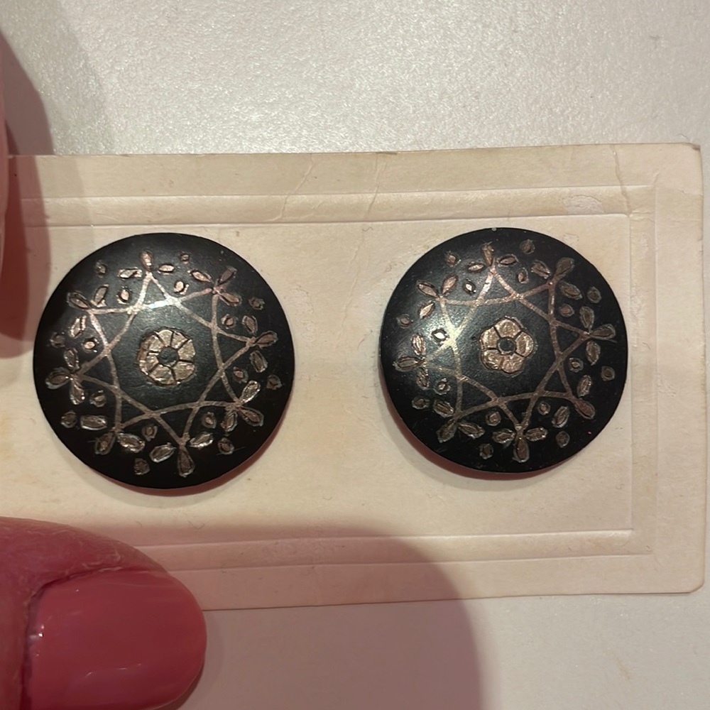 New stunning 1” earrings, black with silver inlay handmade in India. CLIP backs!